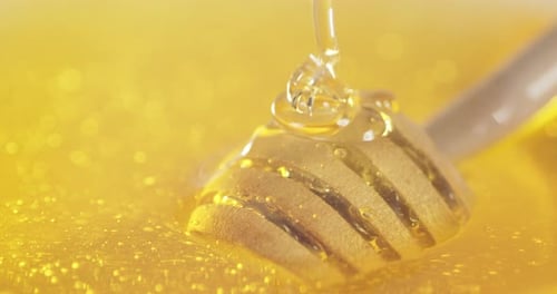 The Honey Flowing Slowly Into a Wooden Spoon.