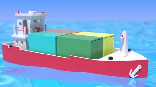 Modern 3D Animated Cargo Ship with Containers on Blue Water