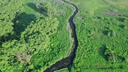 River and Green Fields in Countryside