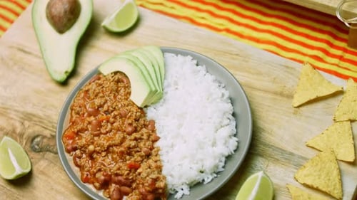 Chili and Rice with Avocado and Lime