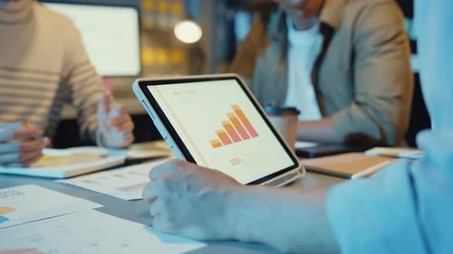 Asia businesspeople meeting plan analysis statistics brainstorm and header of team hold tablet.