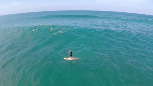 Aerial view of a man sup stand-up paddleboard surfing in Hawaii.