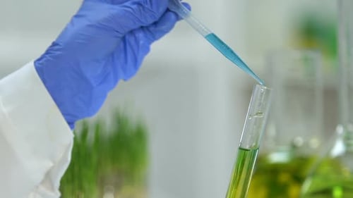 Laboratory Assistant Mixing Green and Blue Reagents, Conducting Experiments