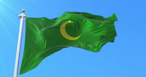 Waving Green Flag with Yellow Crescent Moon Against Blue Sky