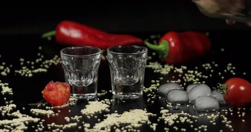 Pouring Drink with Ice and Tomatoes