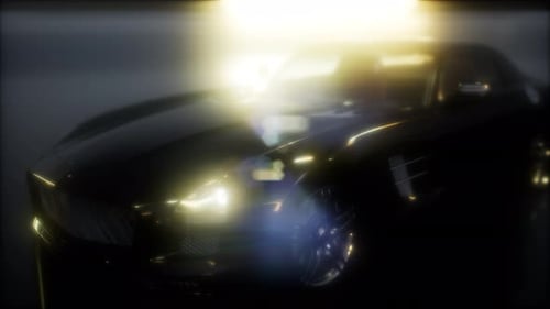 Cinematic Dark Luxury Car Reveal with Bright Glowing Headlights and Lens Flares