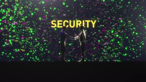 Cyber Security Agreement Handshake with Digital Data Background