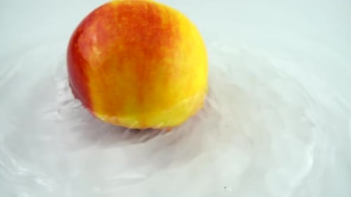 Pomme mûre en rotation dans l'eau sur fond blanc. Ralenti.