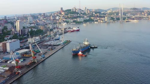 Vladivostok Port Cityscape with Cargo Ships and Cranes