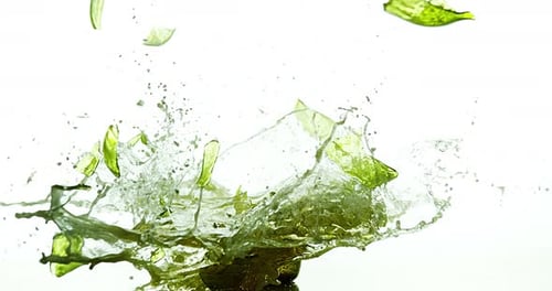900072 Bouteille de bière cassée et éclaboussure sur fond blanc, ralenti 4K