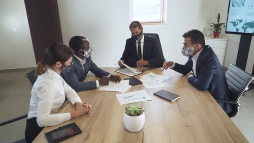 International Business Meeting, Office Workers in Medical Masks, Colleagues Discuss Working
