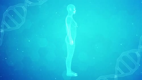 3D Weiblicher Mensch dreht sich auf wissenschaftlichem Hintergrund