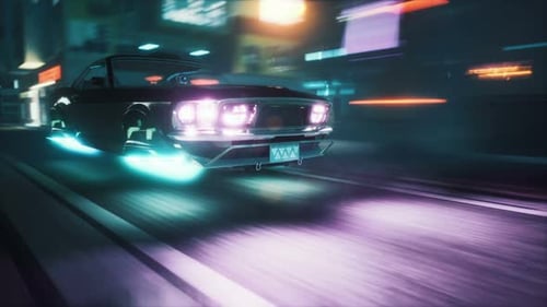 Futuristic Flying Car Speeds Through a Neon City at Night