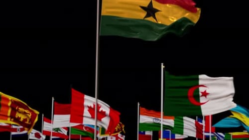 Ghana Flag Raising Animation with International Flags Background