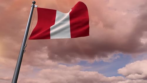 Peru National Flag Waving with Cloudy Sunset Sky Background