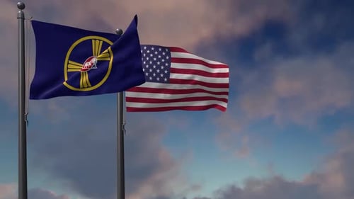 Denver and USA Flags Waving Against Cloudy Blue Sky