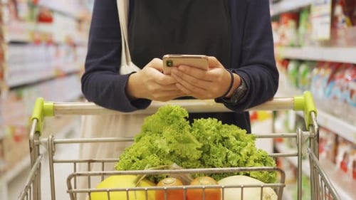 Woman hands typing on smartphone technology device. Shopping vegetables and fruits