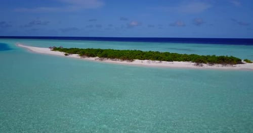Natural overhead copy space shot of a sandy white paradise beach and turquoise sea background in col