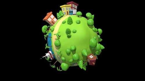 3D Cartoon Rotating Mini Planet with Houses and Nature
