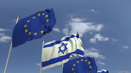 Waving Flags of Israel and European Union