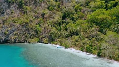 Drohnen-Luftaufnahme des abgelegenen Paradiesstrandes mit Palmen, die sich im Wind wiegen