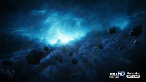 Flying Through Deep Blue Space with Glowing Nebula and Asteroids