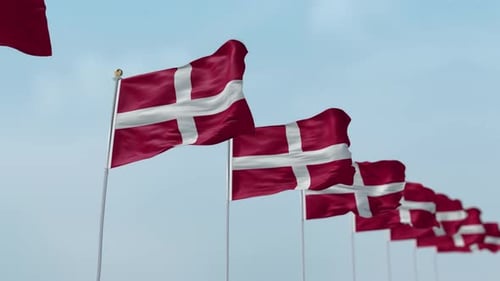 Realistic Danish Flags Waving in Wind Against Blue Sky