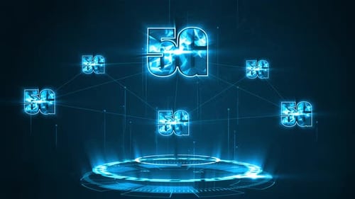 Blue 5G word connection with rotation circle technology futuristic abstract background