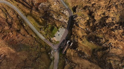 Molls Gap, Killarney, Kerry, Ireland, March 2022. Drone in Bird's eye view pushes east above Beaufor