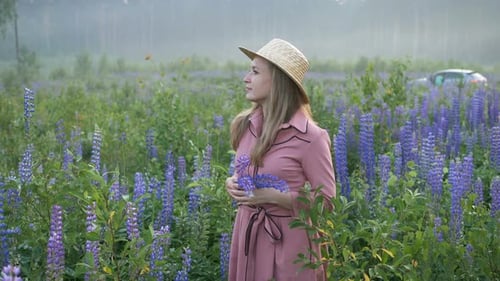 Woman Stands in Evening Lupine Field in Fog and Smiles, Feminine Image of Mysterious Girl