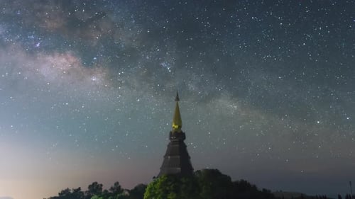 Milky Way Galaxy moving over a sacred temple.
