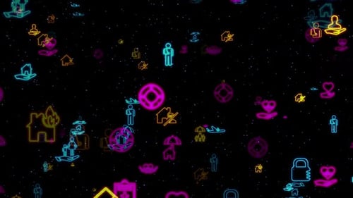 Colorful Animated Neon Insurance and Protection Icons Background