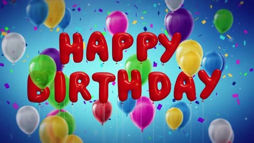 Animated Happy Birthday Balloon Text and Colorful Confetti