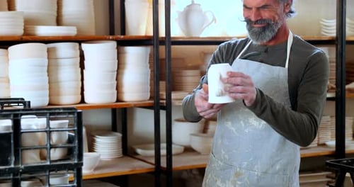 Potter Inspecting a Ceramic Mug in Workshop