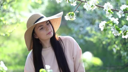Beauty Young Woman Enjoying Apple Blooming Spring Orchard
