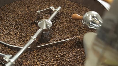 Coffee Beans Being Roasted in Industrial Equipment