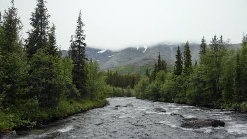 Aerial Flying Low Above the Mountain River Carving Its Way Through the Valley