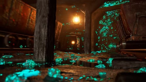 Uranium mine lit by a vintage lantern. Glowing green radioactive ore. 4KHD