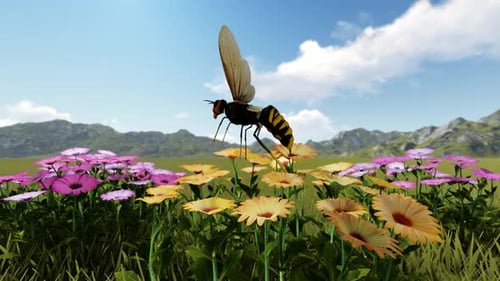 Animated Striped Insect Flying Over Vibrant Flowers