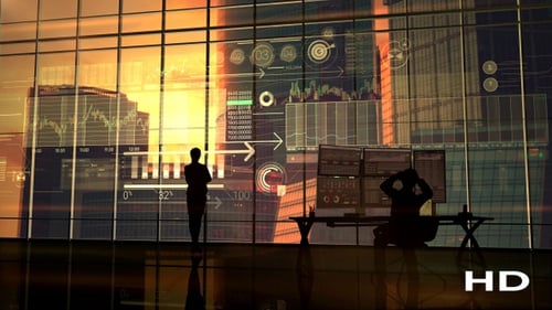 Corporate Data Analysis Display with Futuristic UI Elements