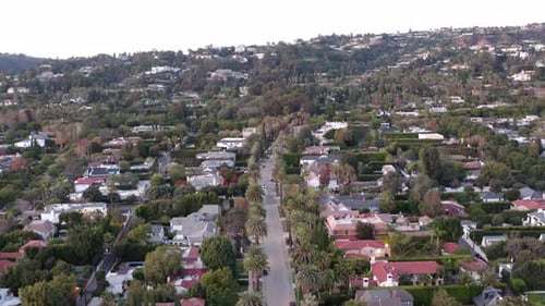 Drone shot. Beverly Hills on sunny day in Los Angeles, CA. Scenic view