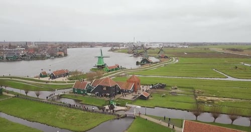 Aerial: Zaanse Schans village, Netherlands