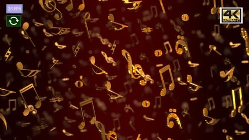 Shiny Gold Musical Notes Floating Loop on Dark Red Background