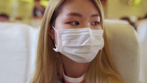 Traveler Wearing Face Mask While Traveling on Commercial Airplane
