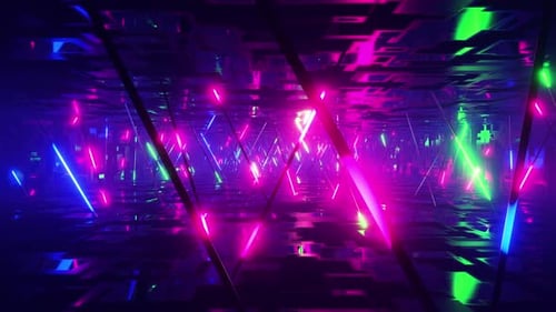 Flying down a corridor with multicolored flashing fluorescent lights