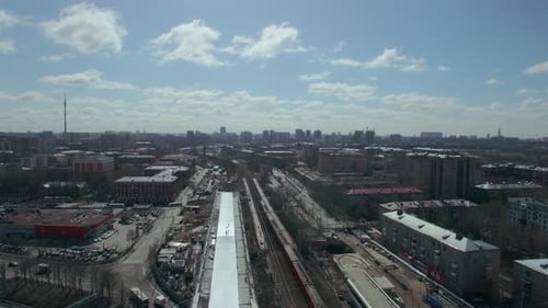 Moscow Aerial View with Train Running Across the City, Russia