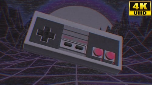 Retro 8-Bit Game Controller Rotating in Synthwave Glitch Loop