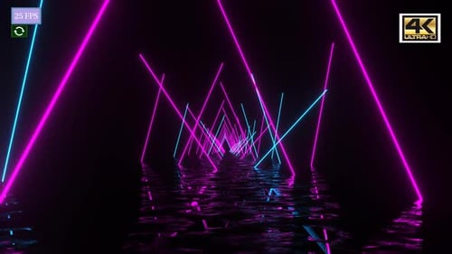 Abstract Neon Light Tunnel Reflecting on Water Surface