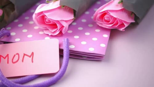 Pink Roses and Mom Card on Gift Bag