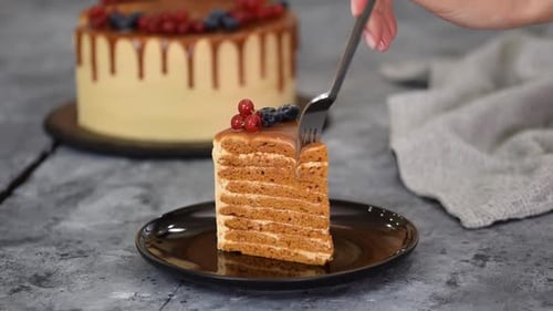 Layered Cake Slice being cut by a Fork